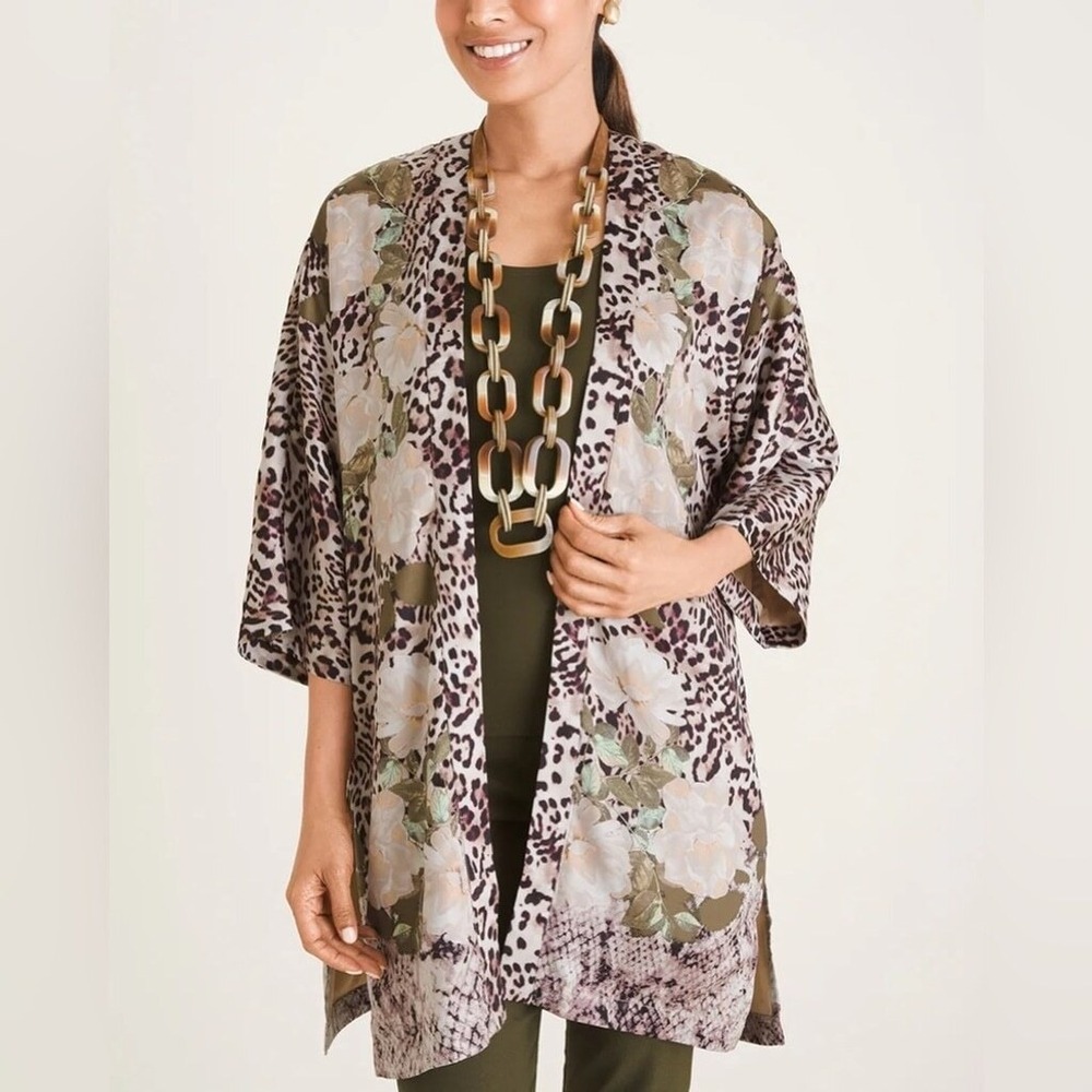 Chicos Ruana Floral Leopard Print Kimono Cardigan S/M Tan Brown 570294060